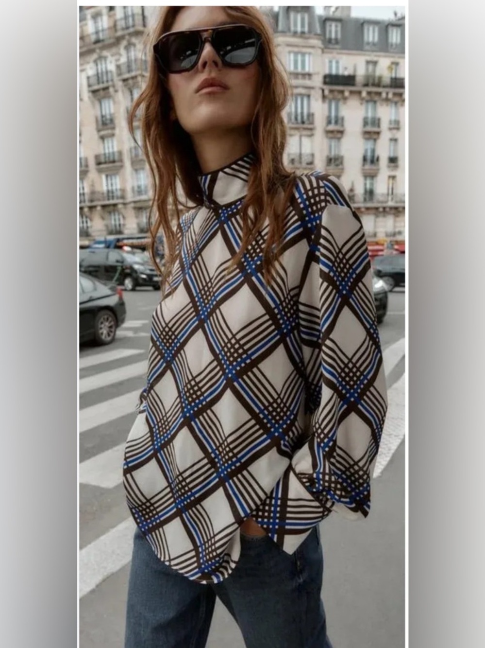 Zara NWT High Neck Plaid Blouse in Sz S